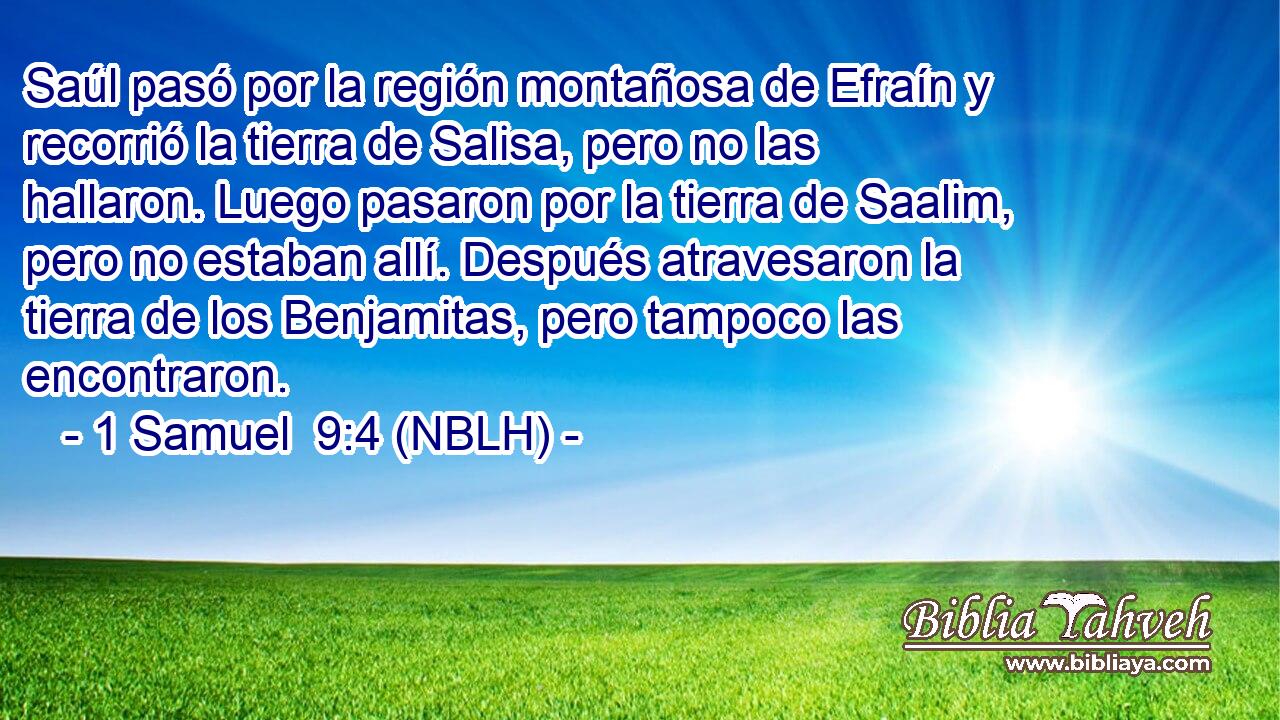  Saúl pasó por la región montañosa de Efraín y recorrió la tierra de Salisa, pero no las hallaron. Luego pasaron por la tierra de Saalim, pero no estaban allí. Después atravesaron la tierra de los Benjamitas, pero tampoco las encontraron. 