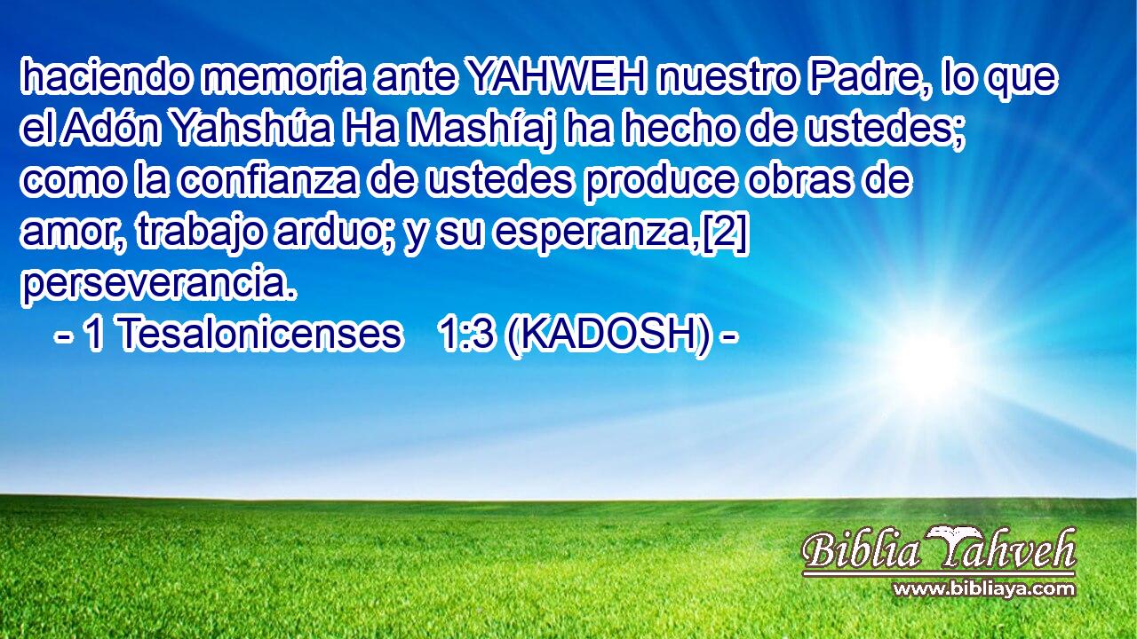 haciendo memoria ante YAHWEH nuestro Padre, lo que el Adón Yahshúa Ha Mashíaj ha hecho de ustedes; como la confianza de ustedes produce obras de amor, trabajo arduo; y su esperanza,[2] perseverancia. 
