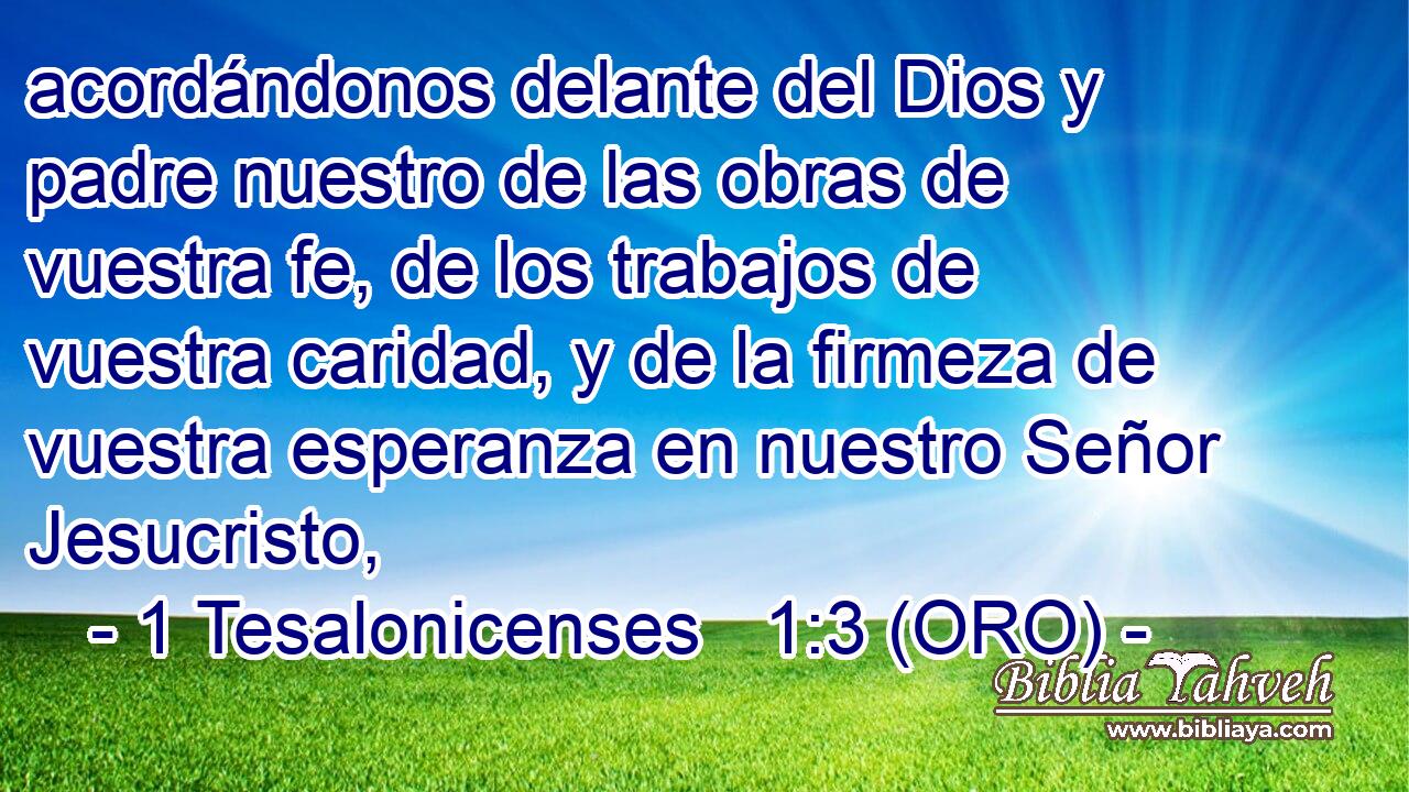  acordándonos delante del Dios y padre nuestro de las obras de vuestra fe, de los trabajos de vuestra caridad, y de la firmeza de vuestra esperanza en nuestro Señor Jesucristo, 