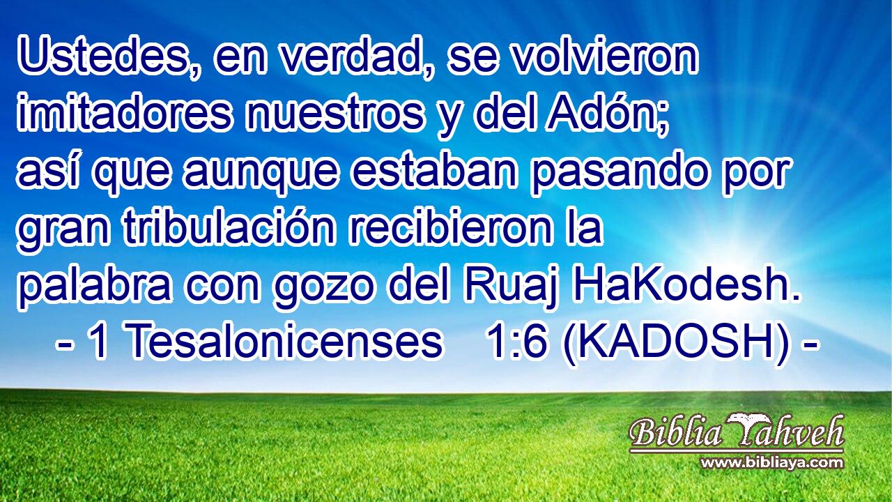  Ustedes, en verdad, se volvieron imitadores nuestros y del Adón; así que aunque estaban pasando por gran tribulación recibieron la palabra con gozo del Ruaj HaKodesh. 