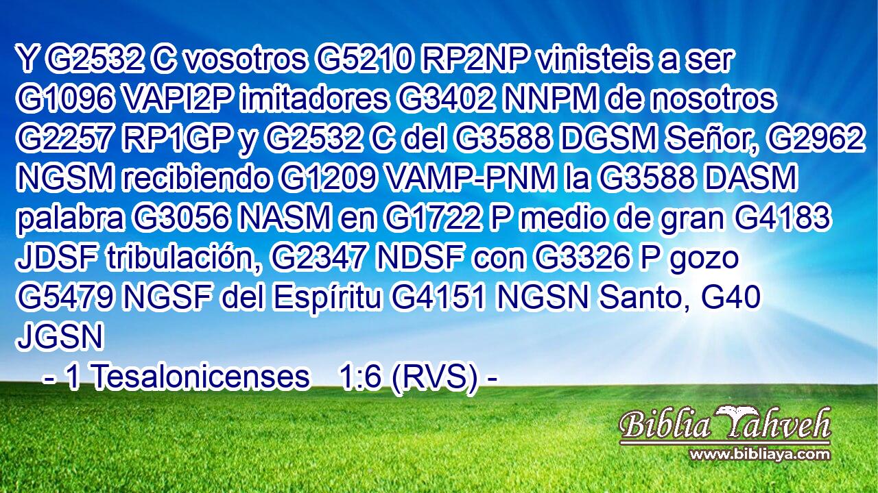 Y G2532 C vosotros G5210 RP2NP vinisteis a ser G1096 VAPI2P imitadores G3402 NNPM de nosotros G2257 RP1GP y G2532 C del G3588 DGSM Señor, G2962 NGSM recibiendo G1209 VAMP-PNM la G3588 DASM palabra G3056 NASM en G1722 P medio de gran G4183 JDSF tribulación, G2347 NDSF con G3326 P gozo G5479 NGSF del Espíritu G4151 NGSN Santo, G40 JGSN 