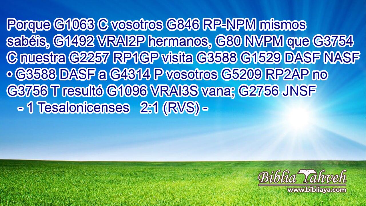 Porque G1063 C vosotros G846 RP-NPM mismos sabéis, G1492 VRAI2P hermanos, G80 NVPM que G3754 C nuestra G2257 RP1GP visita G3588 G1529 DASF NASF • G3588 DASF a G4314 P vosotros G5209 RP2AP no G3756 T resultó G1096 VRAI3S vana; G2756 JNSF 