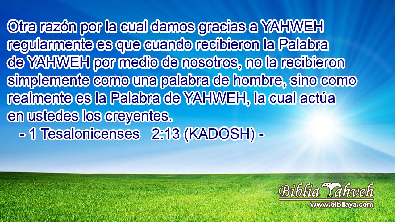  Otra razón por la cual damos gracias a YAHWEH regularmente es que cuando recibieron la Palabra de YAHWEH por medio de nosotros, no la recibieron simplemente como una palabra de hombre, sino como realmente es la Palabra de YAHWEH, la cual actúa en ustedes los creyentes. 