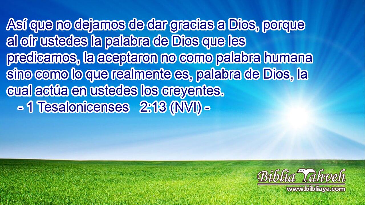  Así que no dejamos de dar gracias a Dios, porque al oír ustedes la palabra de Dios que les predicamos, la aceptaron no como palabra humana sino como lo que realmente es, palabra de Dios, la cual actúa en ustedes los creyentes. 