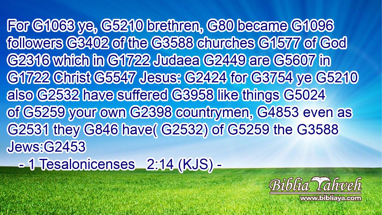For G1063 ye, G5210 brethren, G80 became G1096 followers G3402 of the G3588 churches G1577 of God G2316 which in G1722 Judaea G2449 are G5607 in G1722 Christ G5547 Jesus: G2424 for G3754 ye G5210 also G2532 have suffered G3958 like things G5024 of G5259 your own G2398 countrymen, G4853 even as G2531 they G846 have( G2532) of G5259 the G3588 Jews:G2453