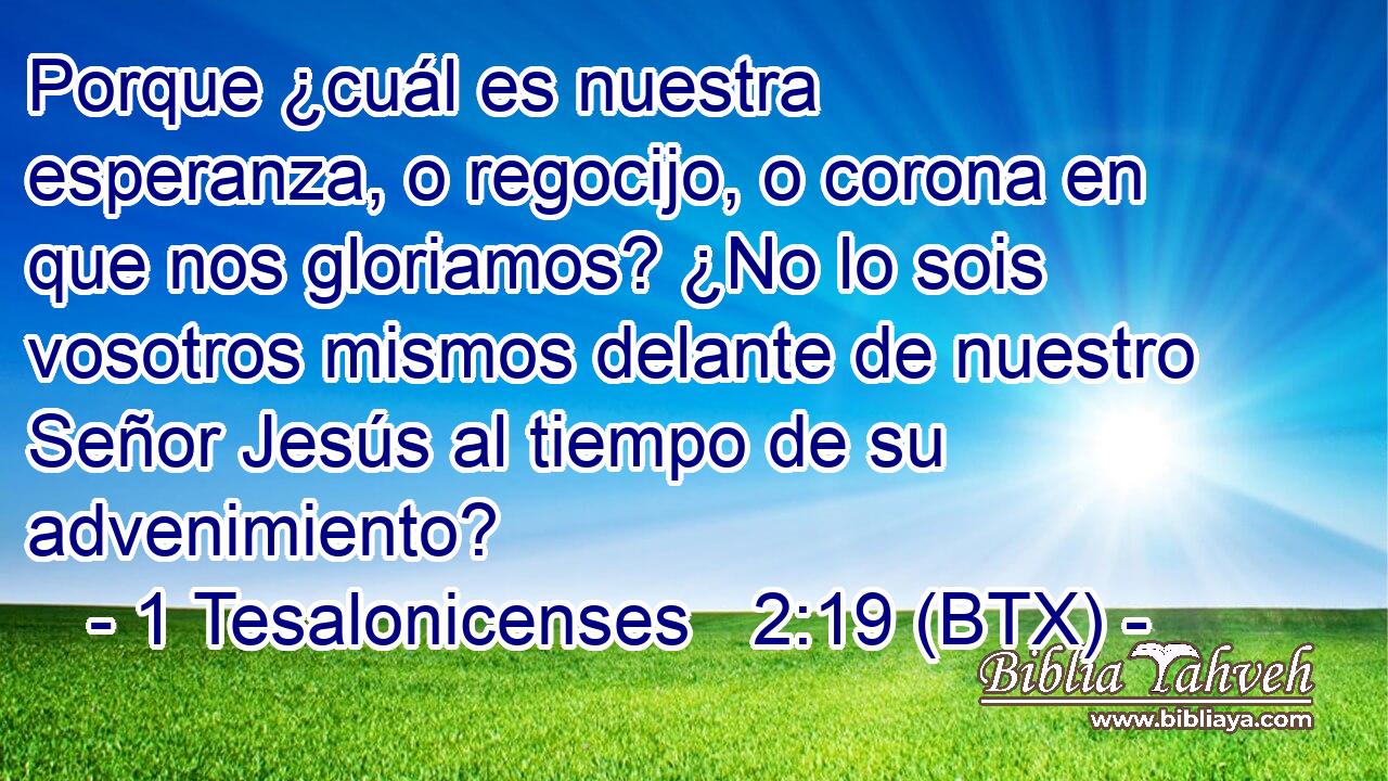 Porque ¿cuál es nuestra esperanza, o regocijo, o corona en que nos gloriamos? ¿No lo sois vosotros mismos delante de nuestro Señor Jesús al tiempo de su advenimiento?