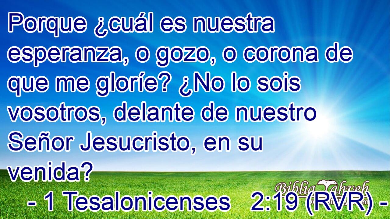 Porque ¿cuál es nuestra esperanza, o gozo, o corona de que me gloríe? ¿No lo sois vosotros, delante de nuestro Señor Jesucristo, en su venida?