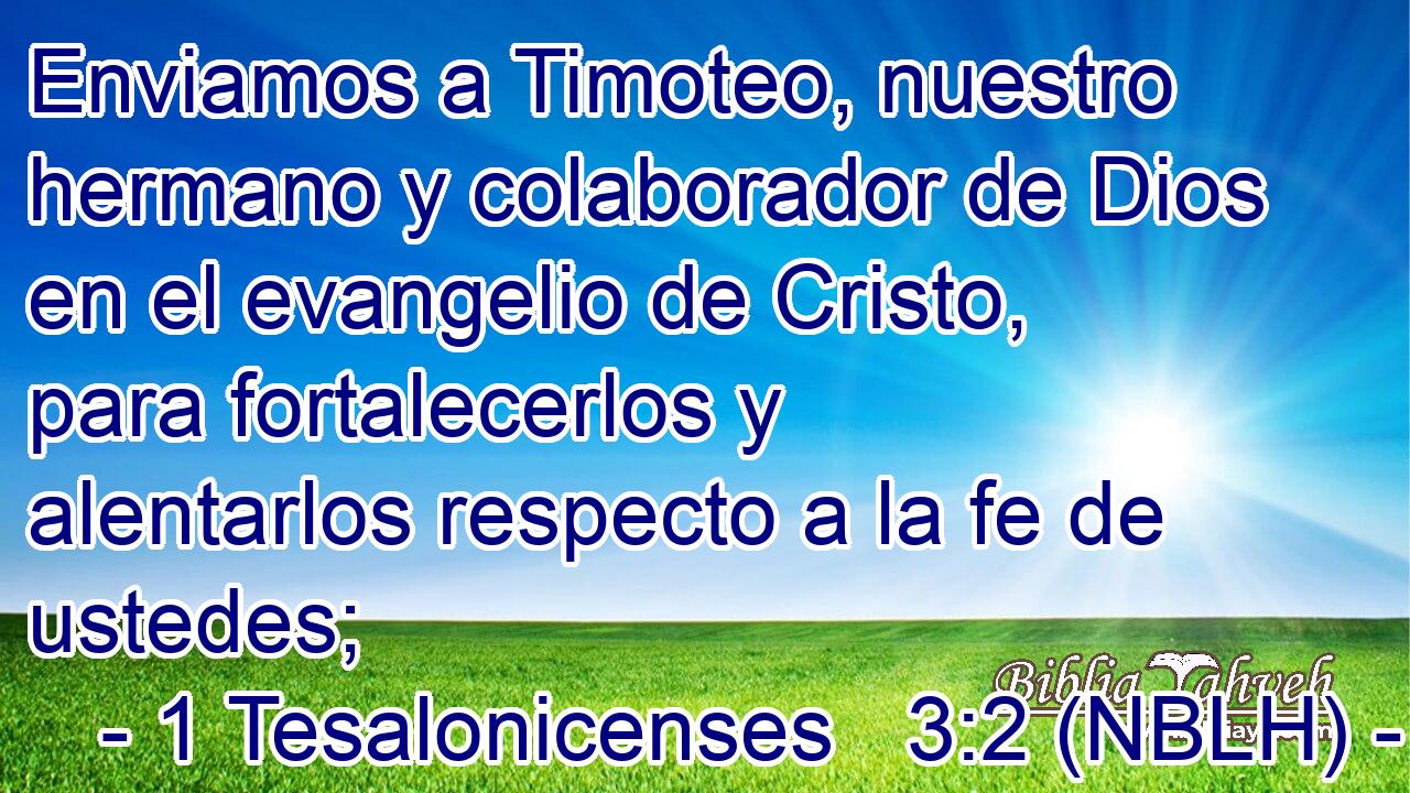  Enviamos a Timoteo, nuestro hermano y colaborador de Dios en el evangelio de Cristo, para fortalecerlos y alentarlos respecto a la fe de ustedes; 