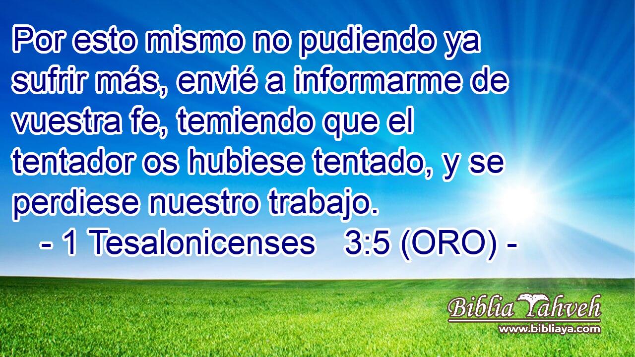 Por esto mismo no pudiendo ya sufrir más, envié a informarme de vuestra fe, temiendo que el tentador os hubiese tentado, y se perdiese nuestro trabajo. 