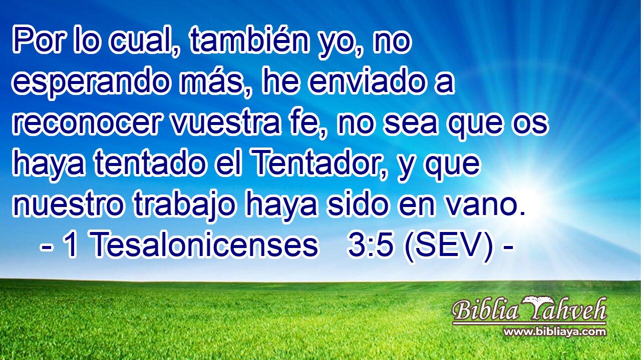 Por lo cual, también yo, no esperando más, he enviado a reconocer vuestra fe, no sea que os haya tentado el Tentador, y que nuestro trabajo haya sido en vano.