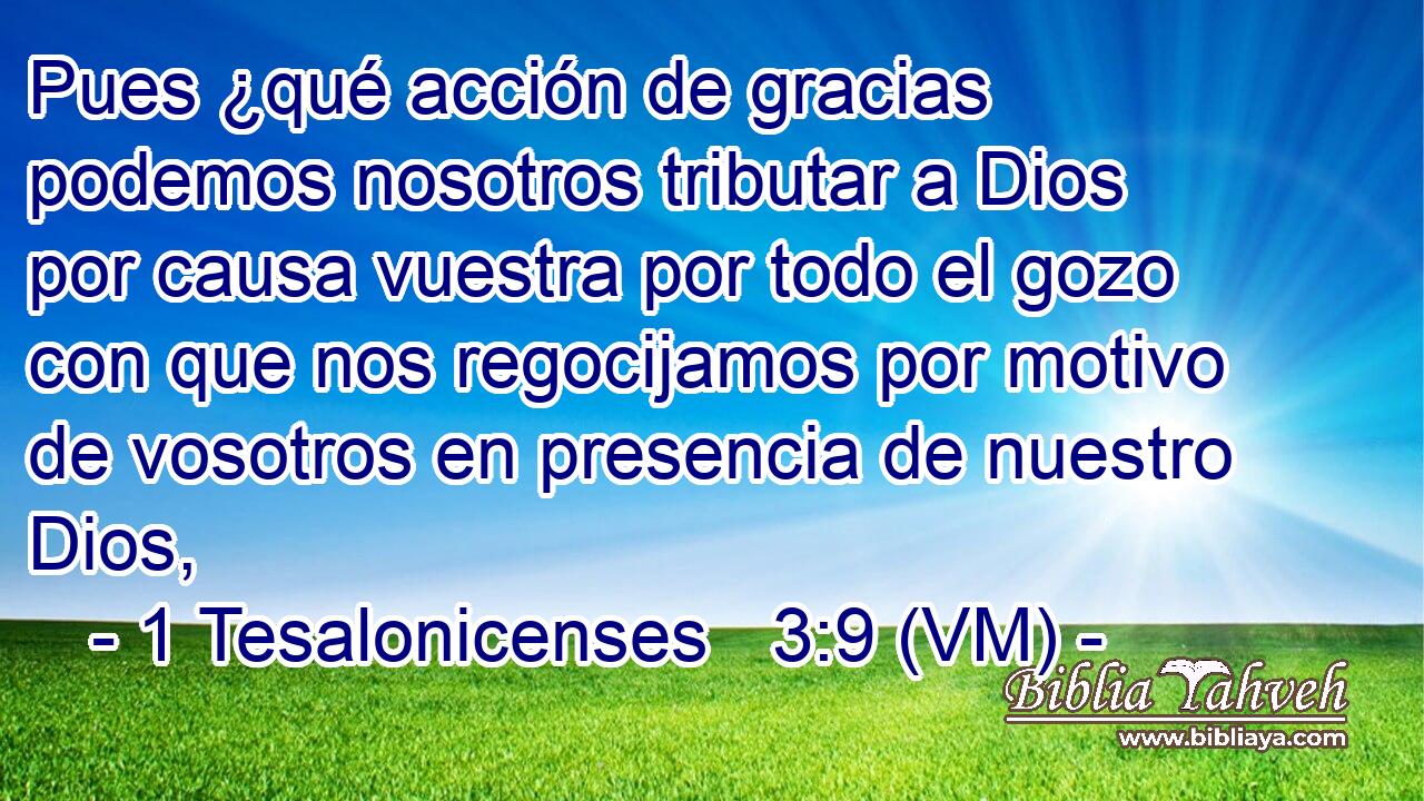  Pues ¿qué acción de gracias podemos nosotros tributar a Dios por causa vuestra por todo el gozo con que nos regocijamos por motivo de vosotros en presencia de nuestro Dios, 