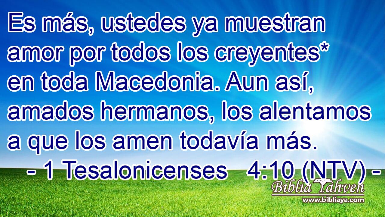 Es más, ustedes ya muestran amor por todos los creyentes* en toda Macedonia. Aun así, amados hermanos, los alentamos a que los amen todavía más.
