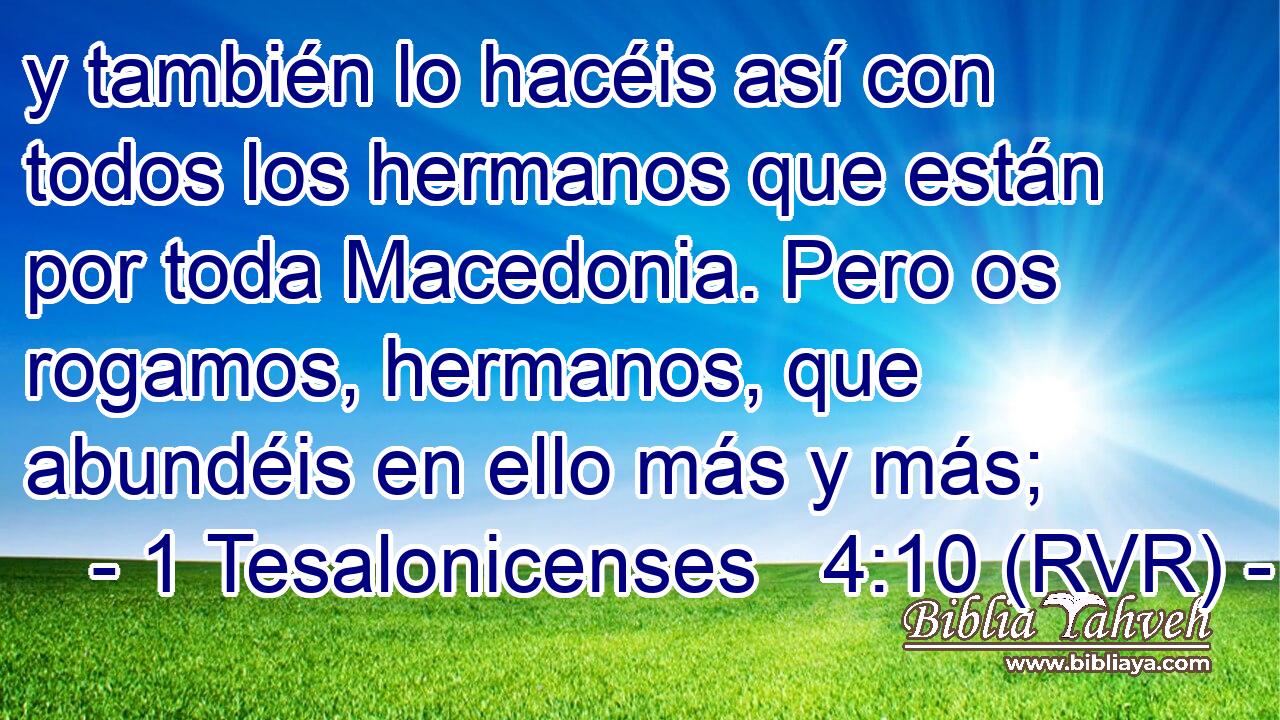 y también lo hacéis así con todos los hermanos que están por toda Macedonia. Pero os rogamos, hermanos, que abundéis en ello más y más;