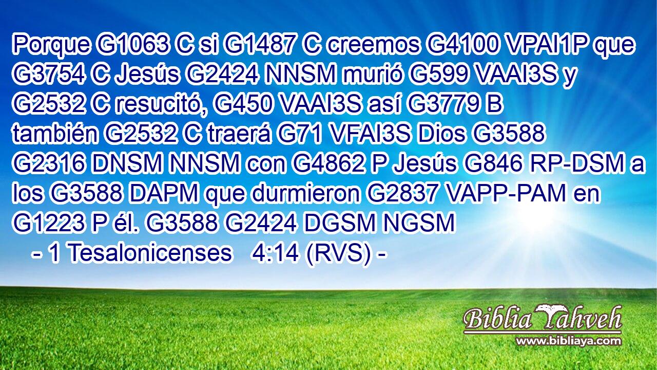 Porque G1063 C si G1487 C creemos G4100 VPAI1P que G3754 C Jesús G2424 NNSM murió G599 VAAI3S y G2532 C resucitó, G450 VAAI3S así G3779 B también G2532 C traerá G71 VFAI3S Dios G3588 G2316 DNSM NNSM con G4862 P Jesús G846 RP-DSM a los G3588 DAPM que durmieron G2837 VAPP-PAM en G1223 P él. G3588 G2424 DGSM NGSM 