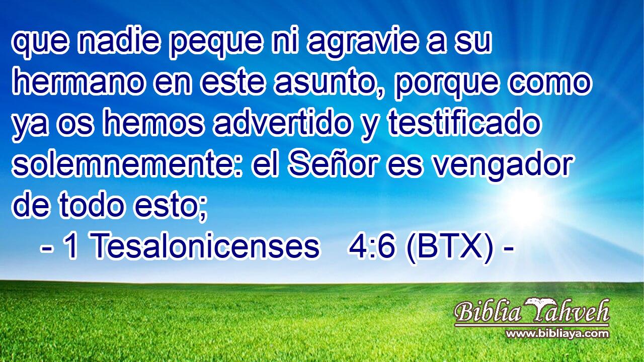 que nadie peque ni agravie a su hermano en este asunto, porque como ya os hemos advertido y testificado solemnemente: el Señor es vengador de todo esto;