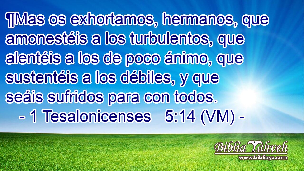  ¶Mas os exhortamos, hermanos, que amonestéis a los turbulentos, que alentéis a los de poco ánimo, que sustentéis a los débiles, y que seáis sufridos para con todos. 