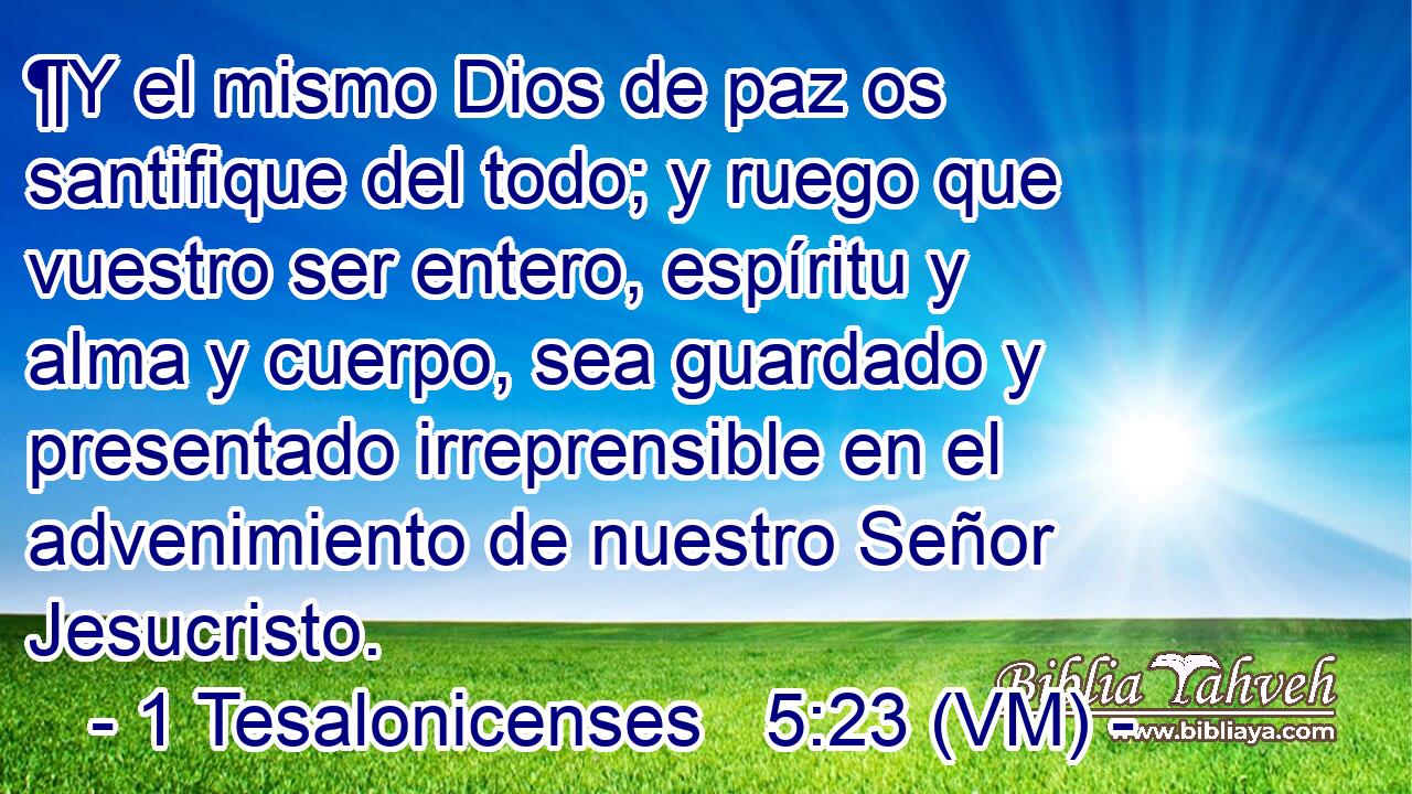  ¶Y el mismo Dios de paz os santifique del todo; y ruego que vuestro ser entero, espíritu y alma y cuerpo, sea guardado y presentado irreprensible en el advenimiento de nuestro Señor Jesucristo. 