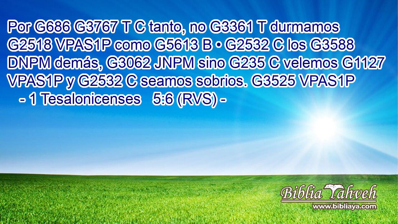 Por G686 G3767 T C tanto, no G3361 T durmamos G2518 VPAS1P como G5613 B • G2532 C los G3588 DNPM demás, G3062 JNPM sino G235 C velemos G1127 VPAS1P y G2532 C seamos sobrios. G3525 VPAS1P 