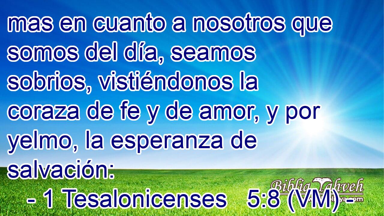  mas en cuanto a nosotros que somos del día, seamos sobrios, vistiéndonos la coraza de fe y de amor, y por yelmo, la esperanza de salvación: 