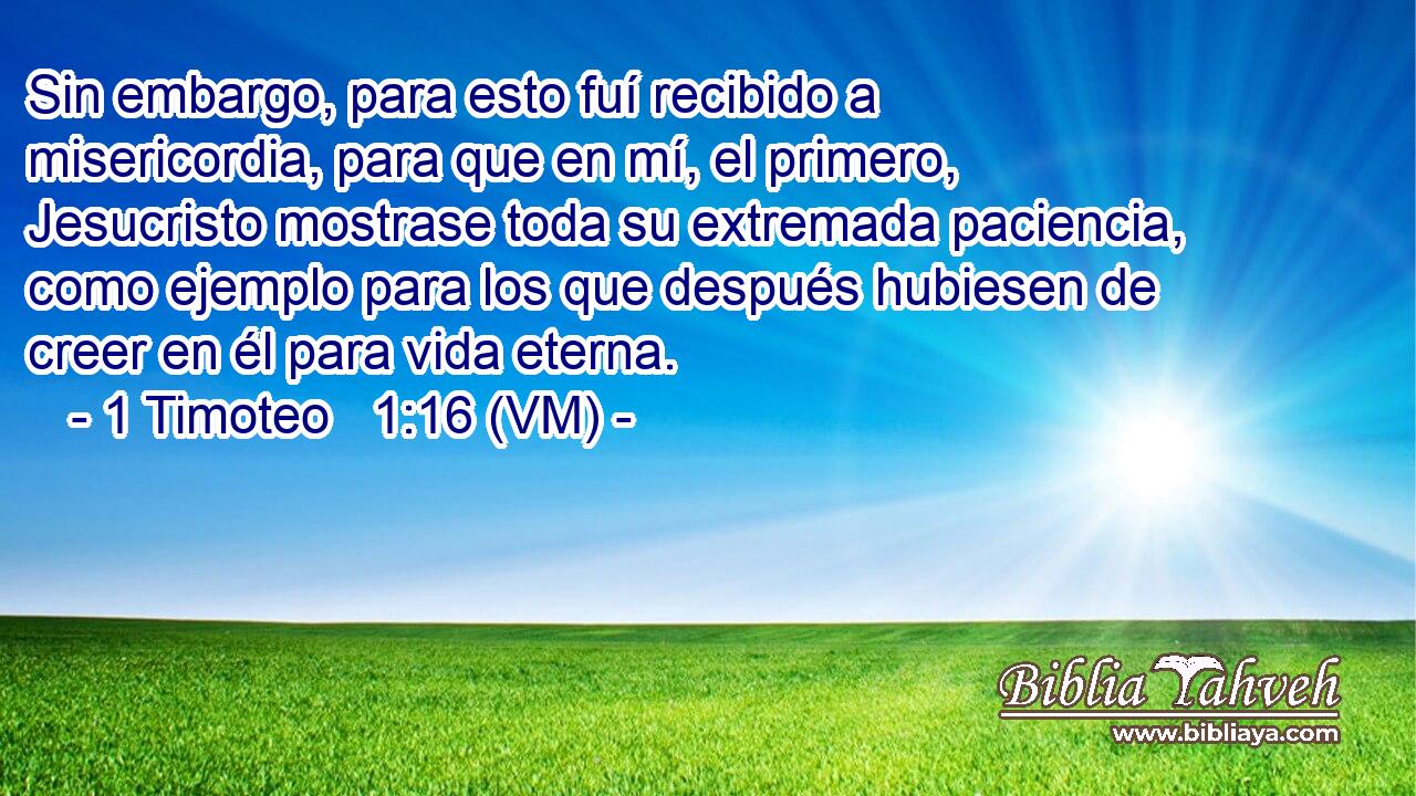  Sin embargo, para esto fuí recibido a misericordia, para que en mí, el primero, Jesucristo mostrase toda su extremada paciencia, como ejemplo para los que después hubiesen de creer en él para vida eterna. 