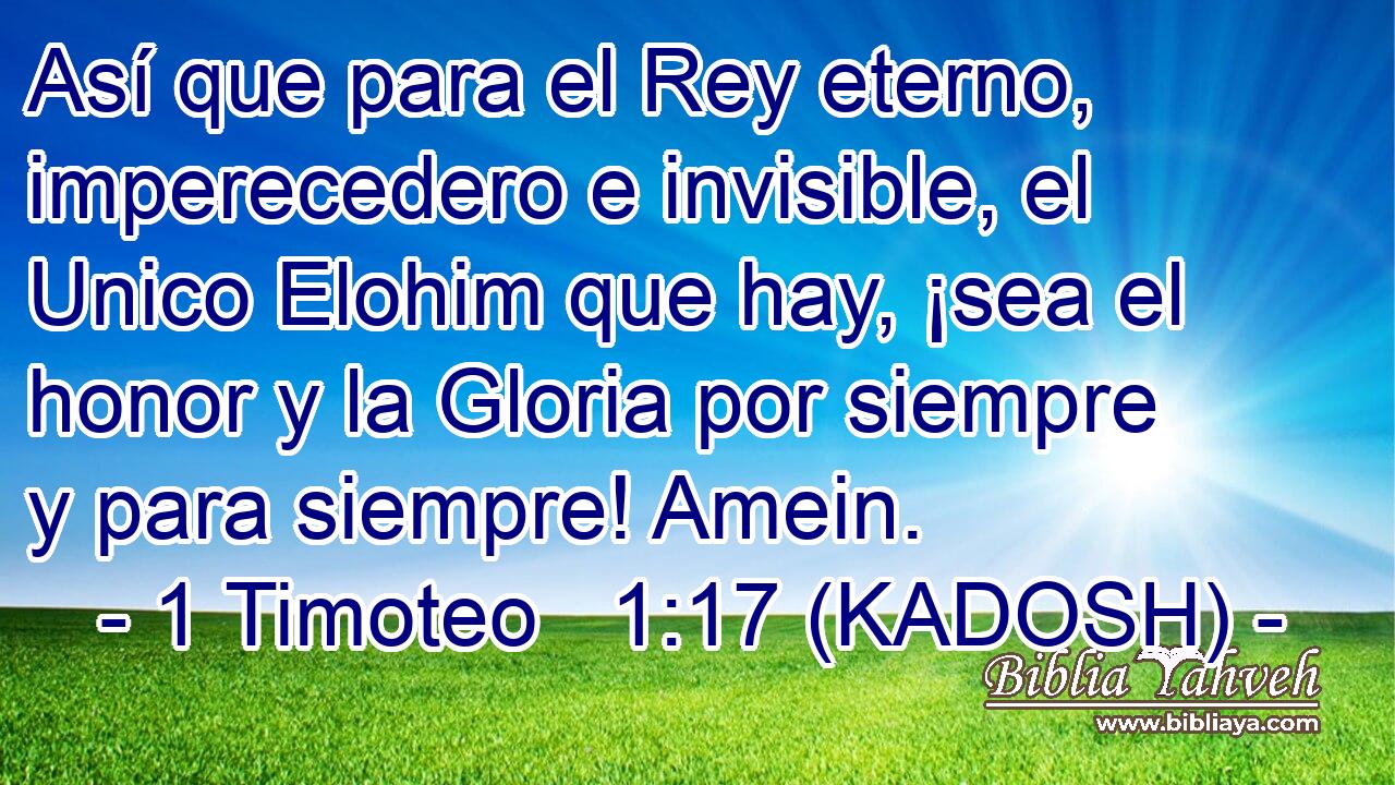  Así que para el Rey eterno, imperecedero e invisible, el Unico Elohim que hay, ¡sea el honor y la Gloria por siempre y para siempre! Amein. 