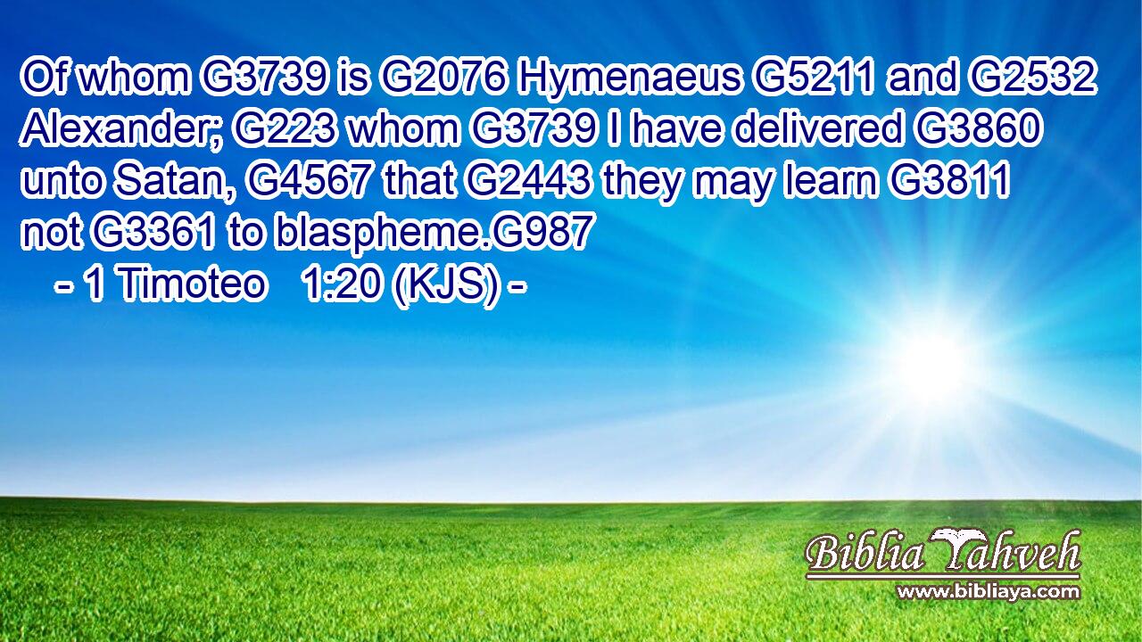 Of whom G3739 is G2076 Hymenaeus G5211 and G2532 Alexander; G223 whom G3739 I have delivered G3860 unto Satan, G4567 that G2443 they may learn G3811 not G3361 to blaspheme.G987