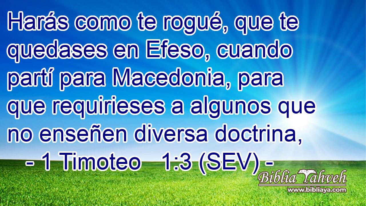Harás como te rogué, que te quedases en Efeso, cuando partí para Macedonia, para que requirieses a algunos que no enseñen diversa doctrina,