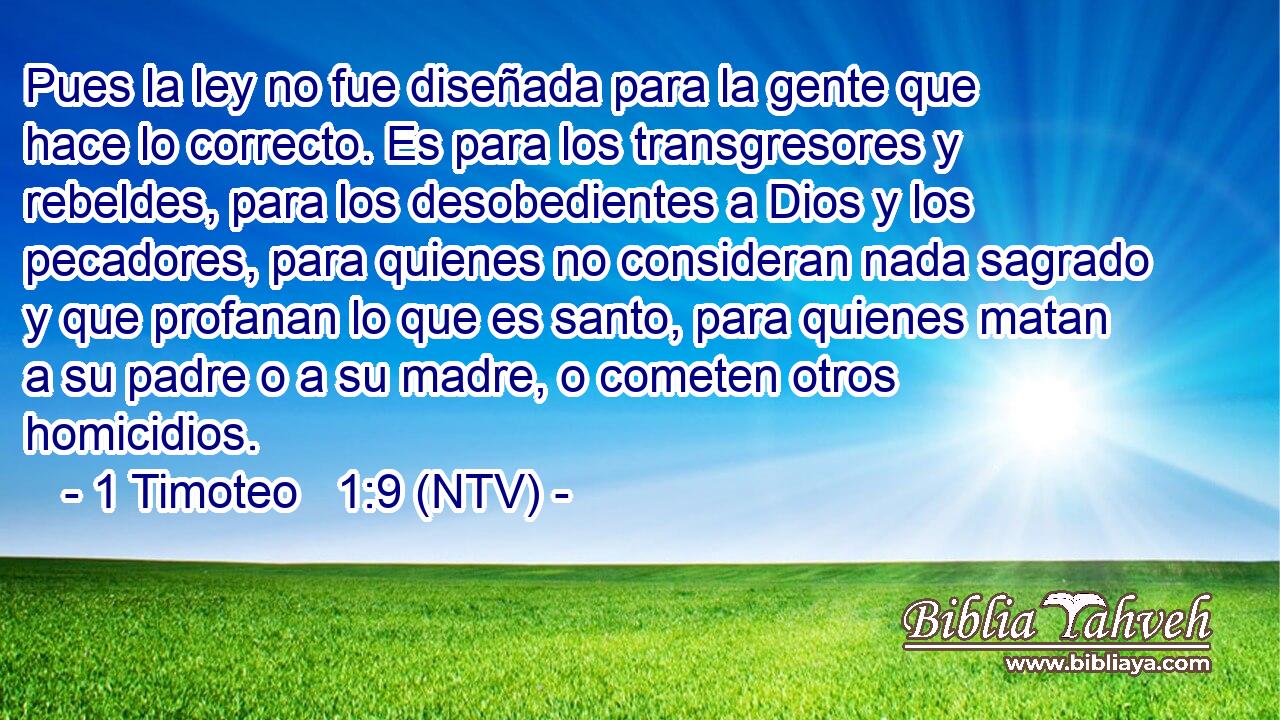 Pues la ley no fue diseñada para la gente que hace lo correcto. Es para los transgresores y rebeldes, para los desobedientes a Dios y los pecadores, para quienes no consideran nada sagrado y que profanan lo que es santo, para quienes matan a su padre o a su madre, o cometen otros homicidios.