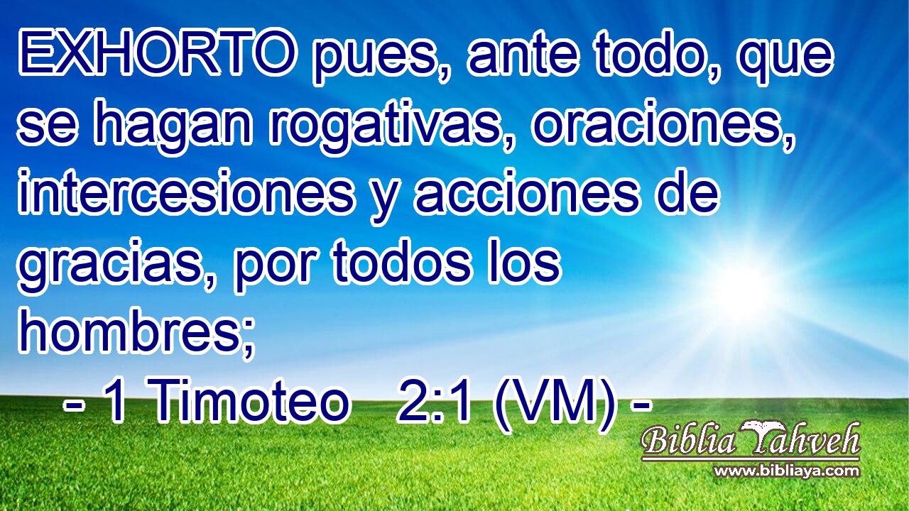  EXHORTO pues, ante todo, que se hagan rogativas, oraciones, intercesiones y acciones de gracias, por todos los hombres; 