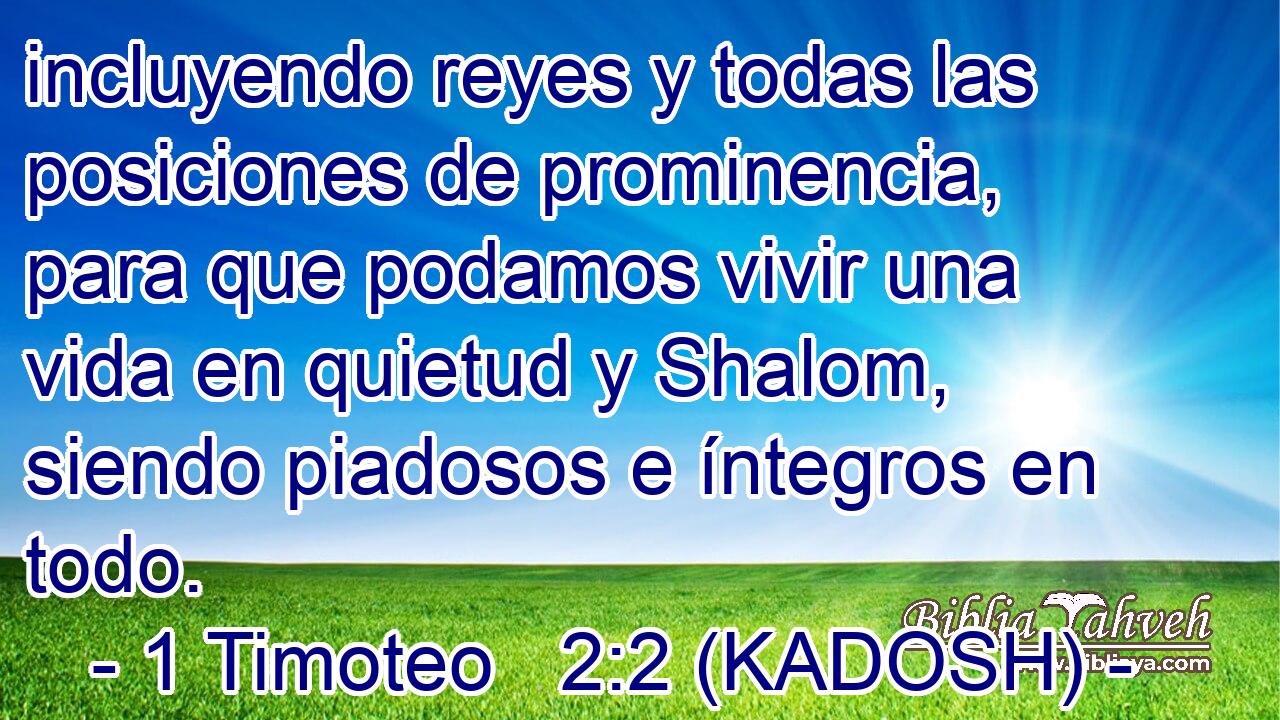  incluyendo reyes y todas las posiciones de prominencia, para que podamos vivir una vida en quietud y Shalom, siendo piadosos e íntegros en todo. 