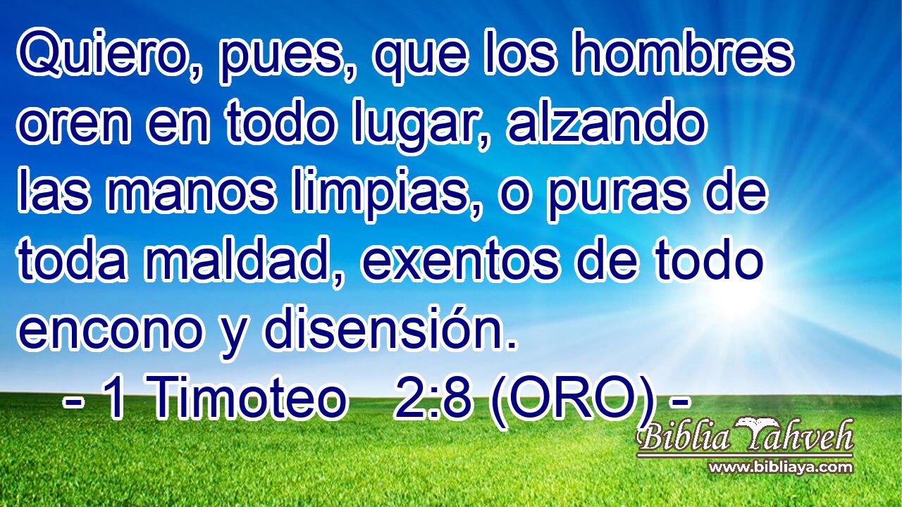  Quiero, pues, que los hombres oren en todo lugar, alzando las manos limpias, o puras de toda maldad, exentos de todo encono y disensión. 