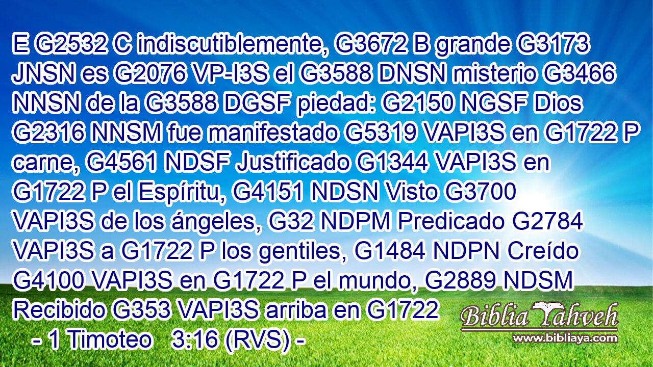 E G2532 C indiscutiblemente, G3672 B grande G3173 JNSN es G2076 VP-I3S el G3588 DNSN misterio G3466 NNSN de la G3588 DGSF piedad: G2150 NGSF Dios G2316 NNSM fue manifestado G5319 VAPI3S en G1722 P carne, G4561 NDSF Justificado G1344 VAPI3S en G1722 P el Espíritu, G4151 NDSN Visto G3700 VAPI3S de los ángeles, G32 NDPM Predicado G2784 VAPI3S a G1722 P los gentiles, G1484 NDPN Creído G4100 VAPI3S en G1722 P el mundo, G2889 NDSM Recibido G353 VAPI3S arriba en G1722 