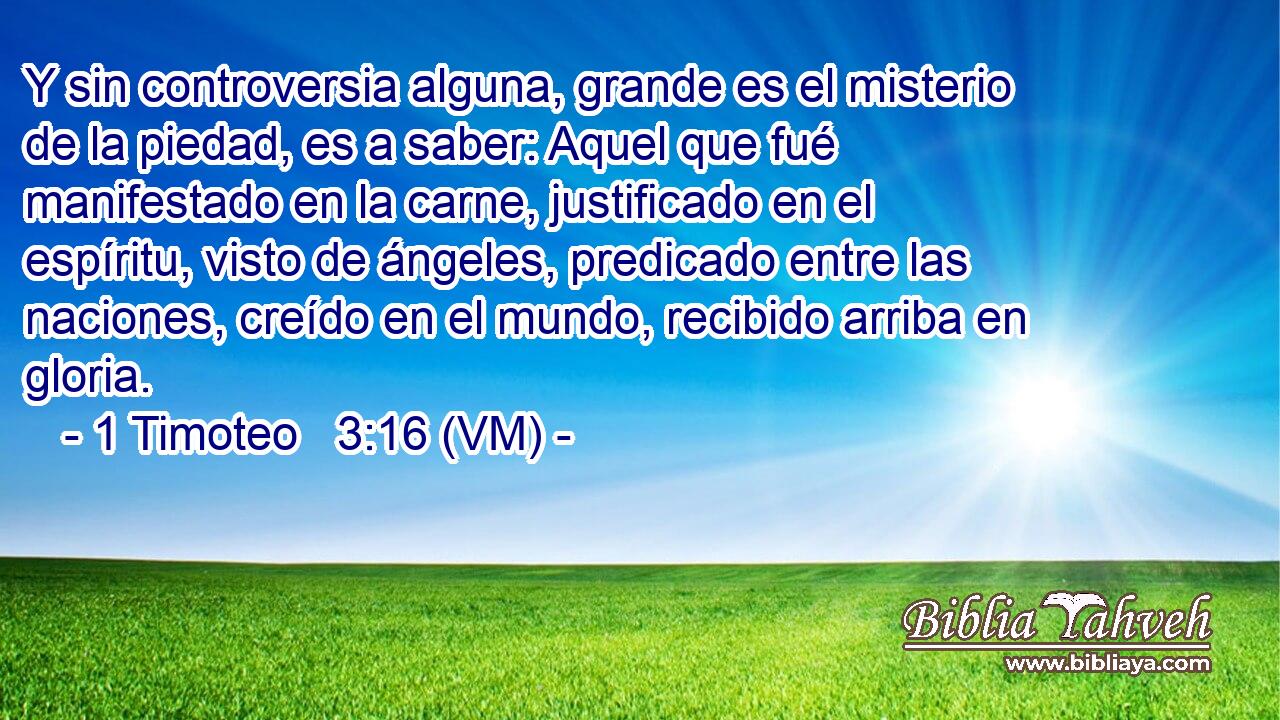  Y sin controversia alguna, grande es el misterio de la piedad, es a saber: Aquel que fué manifestado en la carne, justificado en el espíritu, visto de ángeles, predicado entre las naciones, creído en el mundo, recibido arriba en gloria. 