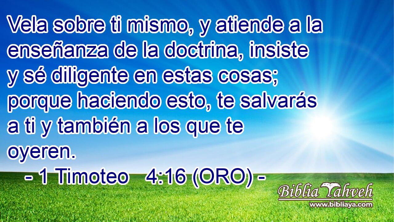  Vela sobre ti mismo, y atiende a la enseñanza de la doctrina, insiste y sé diligente en estas cosas; porque haciendo esto, te salvarás a ti y también a los que te oyeren. 