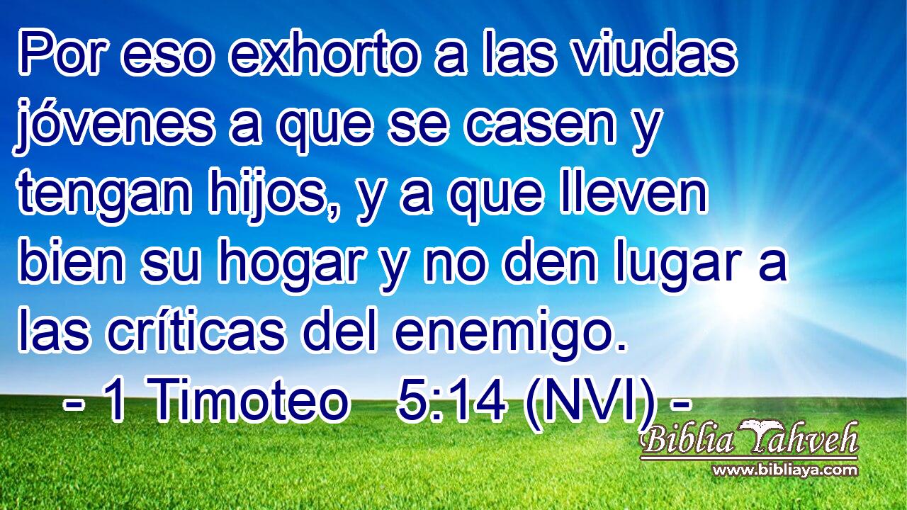  Por eso exhorto a las viudas jóvenes a que se casen y tengan hijos, y a que lleven bien su hogar y no den lugar a las críticas del enemigo. 