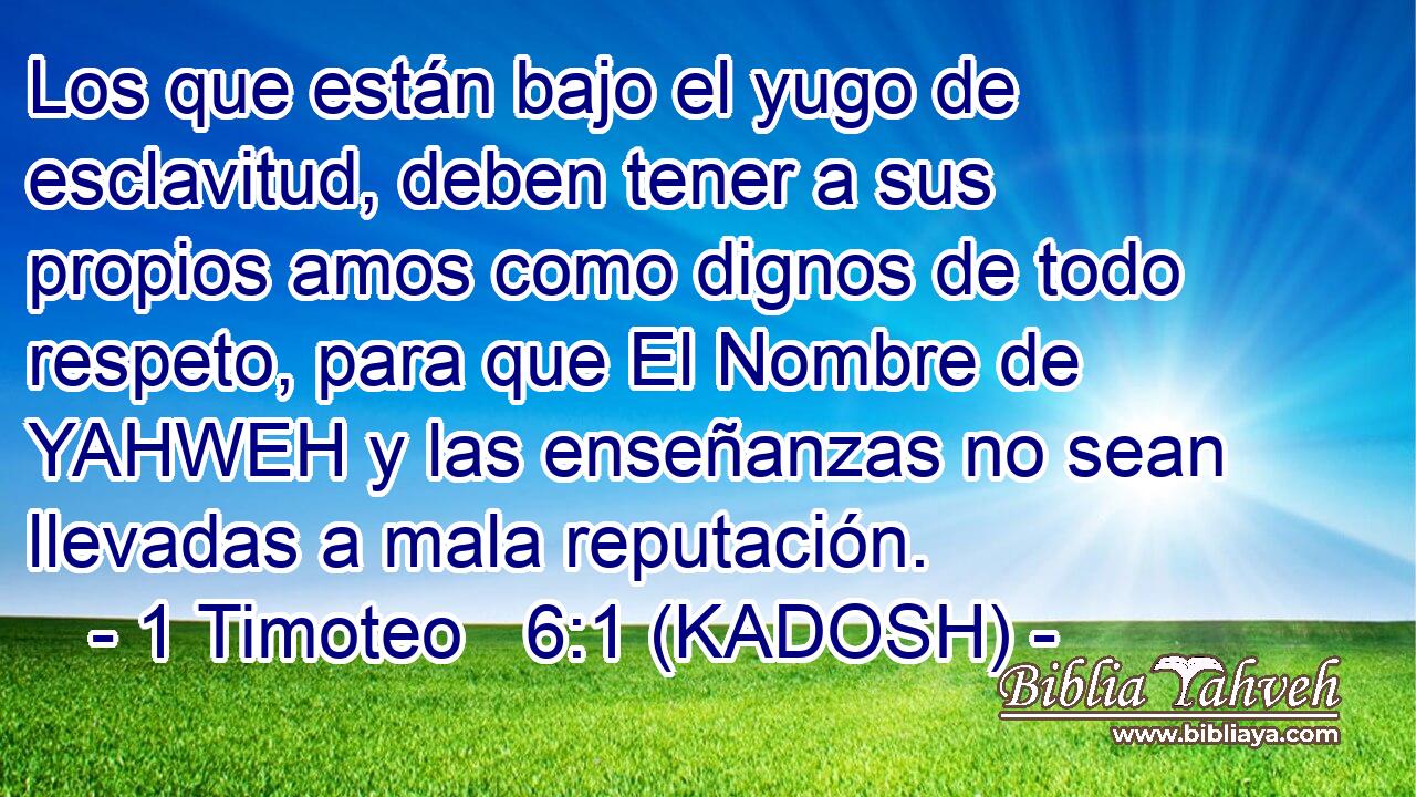  Los que están bajo el yugo de esclavitud, deben tener a sus propios amos como dignos de todo respeto, para que El Nombre de YAHWEH y las enseñanzas no sean llevadas a mala reputación. 