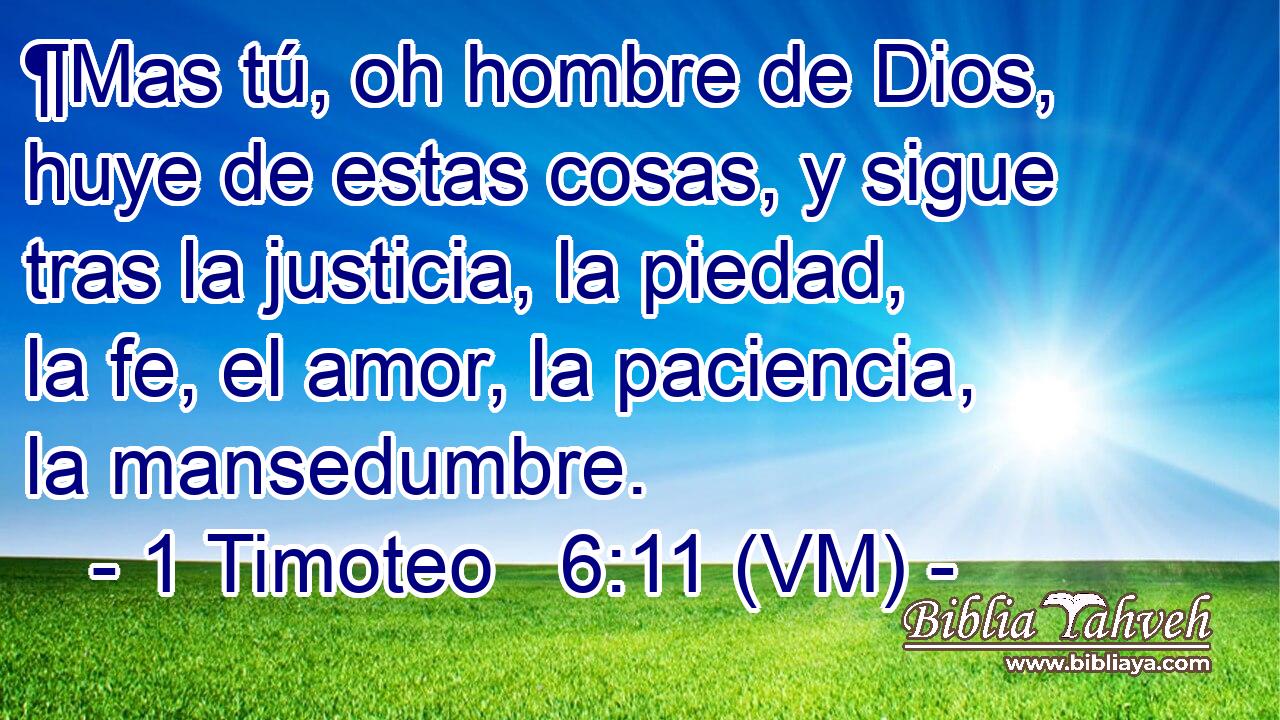  ¶Mas tú, oh hombre de Dios, huye de estas cosas, y sigue tras la justicia, la piedad, la fe, el amor, la paciencia, la mansedumbre. 