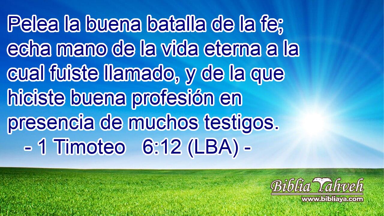Pelea la buena batalla de la fe; echa mano de la vida eterna a la cual fuiste llamado, y de la que hiciste buena profesión en presencia de muchos testigos.