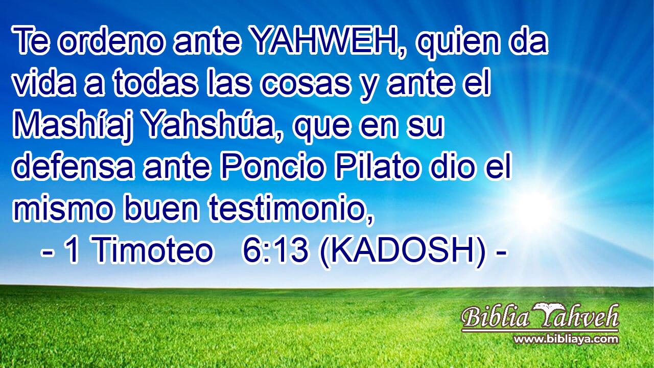  Te ordeno ante YAHWEH, quien da vida a todas las cosas y ante el Mashíaj Yahshúa, que en su defensa ante Poncio Pilato dio el mismo buen testimonio, 