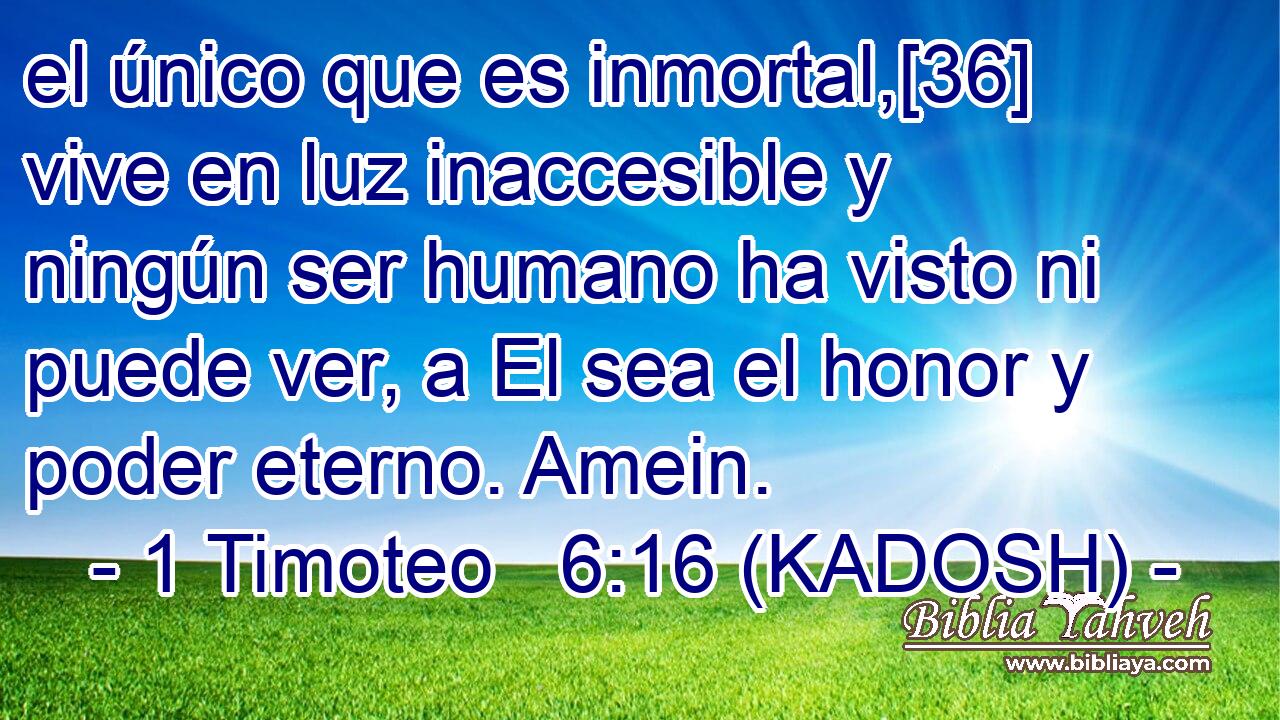  el único que es inmortal,[36] vive en luz inaccesible y ningún ser humano ha visto ni puede ver, a El sea el honor y poder eterno. Amein. 