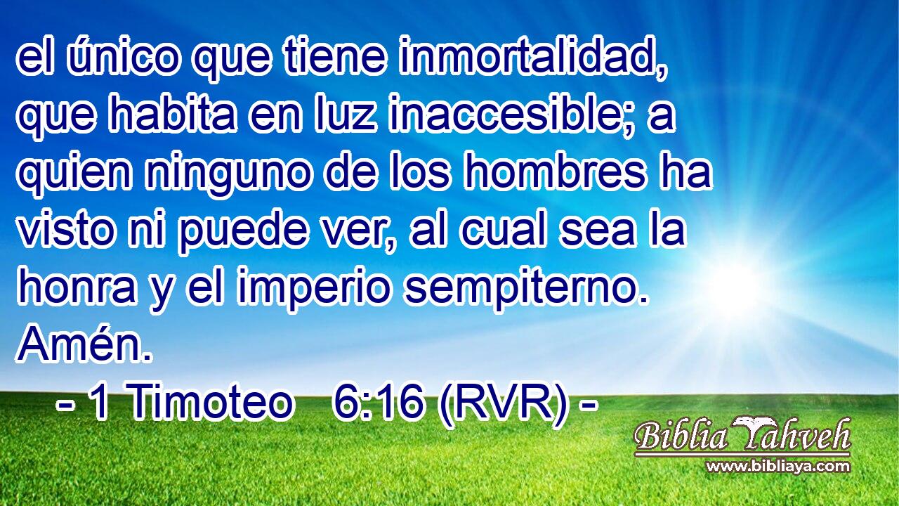 el único que tiene inmortalidad, que habita en luz inaccesible; a quien ninguno de los hombres ha visto ni puede ver, al cual sea la honra y el imperio sempiterno. Amén.