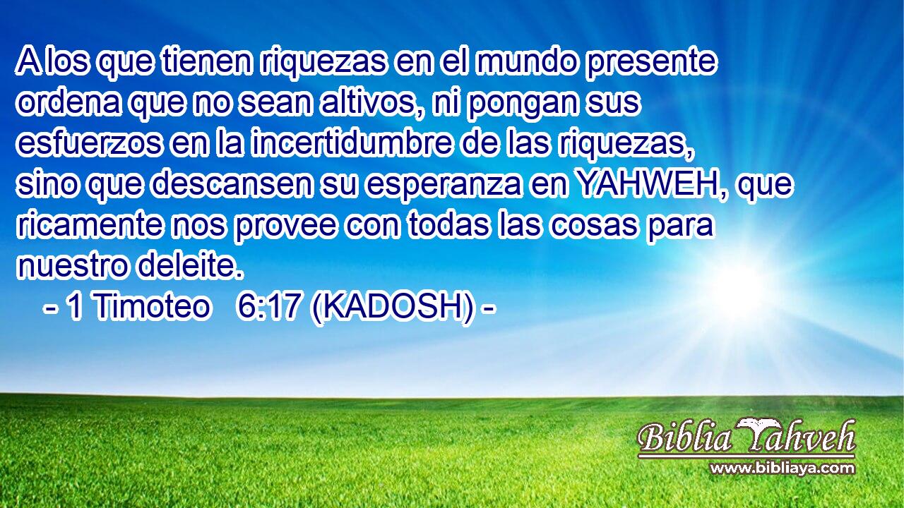  A los que tienen riquezas en el mundo presente ordena que no sean altivos, ni pongan sus esfuerzos en la incertidumbre de las riquezas, sino que descansen su esperanza en YAHWEH, que ricamente nos provee con todas las cosas para nuestro deleite. 