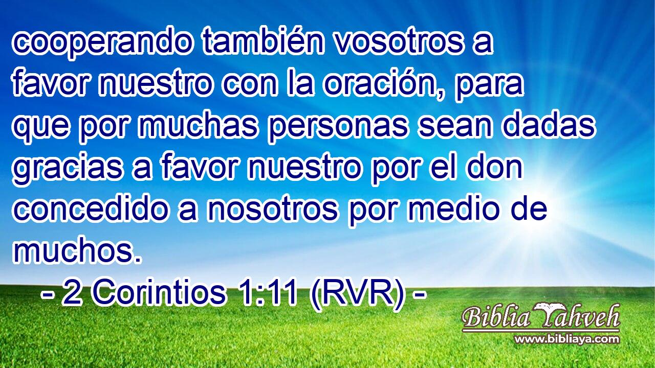cooperando también vosotros a favor nuestro con la oración, para que por muchas personas sean dadas gracias a favor nuestro por el don concedido a nosotros por medio de muchos.