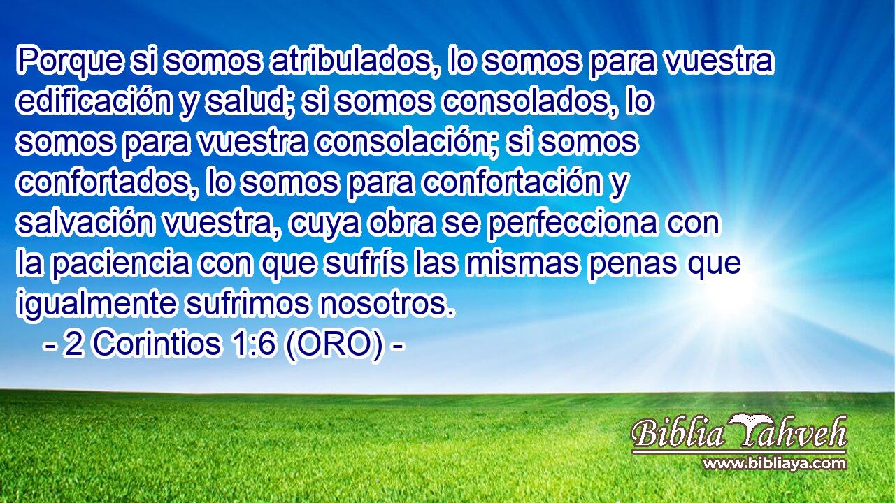  Porque si somos atribulados, lo somos para vuestra edificación y salud; si somos consolados, lo somos para vuestra consolación; si somos confortados, lo somos para confortación y salvación vuestra, cuya obra se perfecciona con la paciencia con que sufrís las mismas penas que igualmente sufrimos nosotros. 