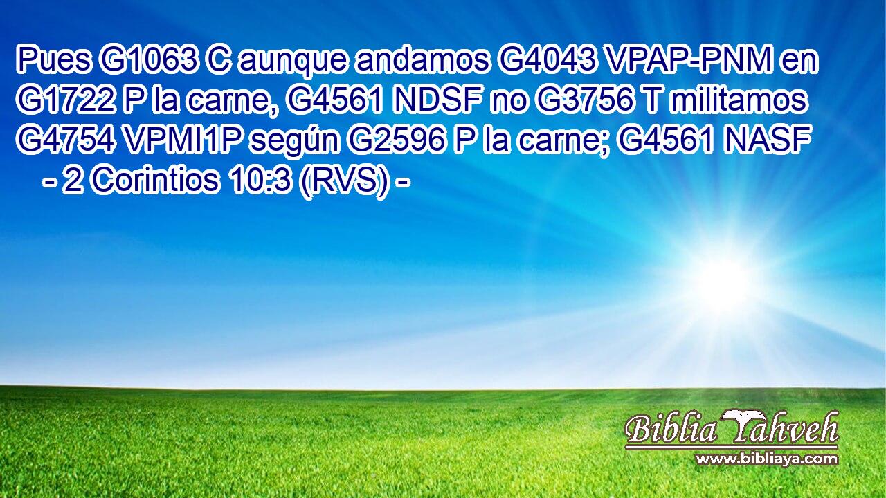 Pues G1063 C aunque andamos G4043 VPAP-PNM en G1722 P la carne, G4561 NDSF no G3756 T militamos G4754 VPMI1P según G2596 P la carne; G4561 NASF 