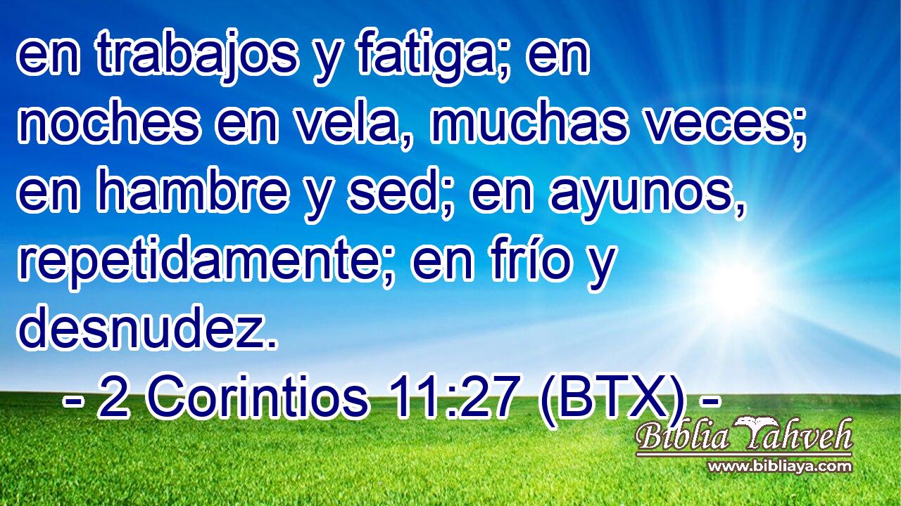 en trabajos y fatiga; en noches en vela, muchas veces; en hambre y sed; en ayunos, repetidamente; en frío y desnudez.