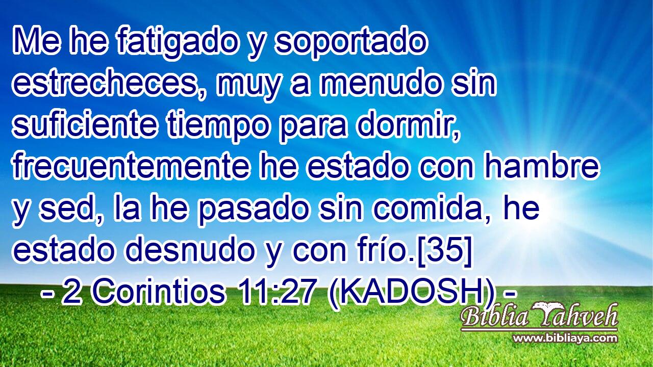  Me he fatigado y soportado estrecheces, muy a menudo sin suficiente tiempo para dormir, frecuentemente he estado con hambre y sed, la he pasado sin comida, he estado desnudo y con frío.[35] 