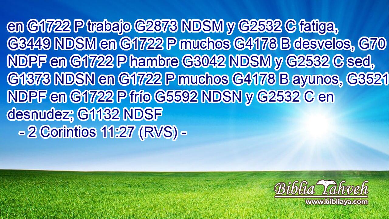en G1722 P trabajo G2873 NDSM y G2532 C fatiga, G3449 NDSM en G1722 P muchos G4178 B desvelos, G70 NDPF en G1722 P hambre G3042 NDSM y G2532 C sed, G1373 NDSN en G1722 P muchos G4178 B ayunos, G3521 NDPF en G1722 P frío G5592 NDSN y G2532 C en desnudez; G1132 NDSF 