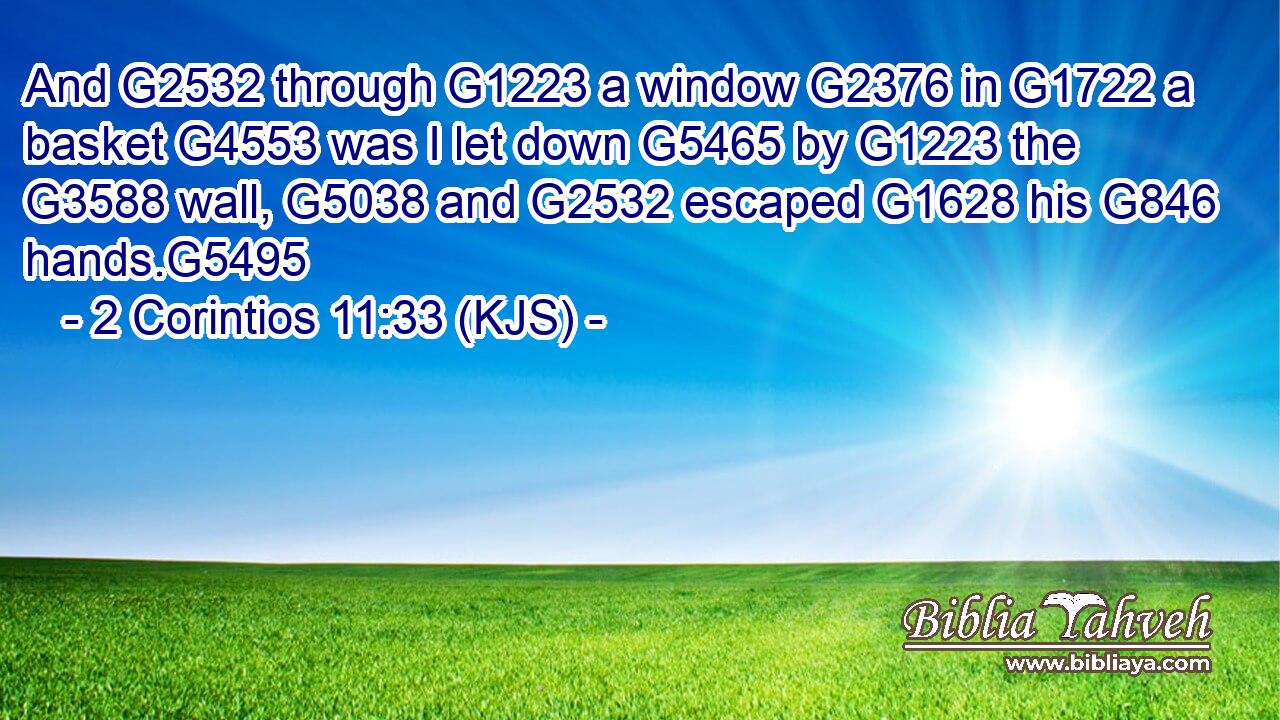 And G2532 through G1223 a window G2376 in G1722 a basket G4553 was I let down G5465 by G1223 the G3588 wall, G5038 and G2532 escaped G1628 his G846 hands.G5495