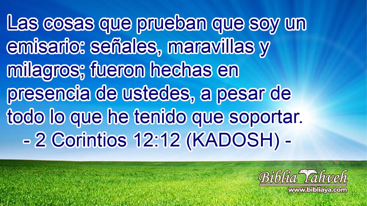  Las cosas que prueban que soy un emisario: señales, maravillas y milagros; fueron hechas en presencia de ustedes, a pesar de todo lo que he tenido que soportar. 